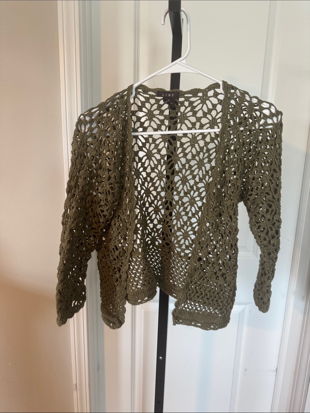 Link Olive Green Crochet Open-Front Cardigan